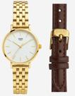Relógio Feminino Dourado Branco + Pulseira de Couro Marrom