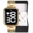 relogio feminino dourado digital + relógio feminino digital + caixa + colar + brincos moda presente edição limitada