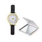 Relógio Feminino Dourado Mini Pulseira Preta Com Espelho Relógio Feminino Dourado Mini Pulseira Preta Com Espelho