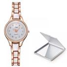 Relógio Feminino Dourado Pequeno Pedras Cravejadas + Espelho