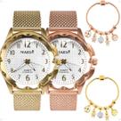 Relogio feminino dourado prova dagua + relogio aço inox rose kit qualidade premium presente casual social original combo