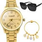 Relogio Feminino Inox Aço Banhado + Oculos Sol + Pulseira protecao uv acetato inoxidável pingente strass garantia casual
