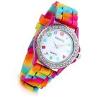 Relógio Feminino Lancardo com Strass e Pulseira de Silicone Arco-Íris