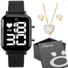 relogio feminino led aço digital + caixa brincos colar preto silicone original moda casual qualidade premium ajustavel