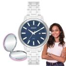 Relógio Feminino Orient Analógico Redondo Aço Inóx Prova Dágua 3 ATM Casual Prata FBSS1155 D1SX + Espelho de Bolsa