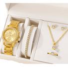 Relógio Feminino Original Dourado Luxo + Kit 5 Acessórios