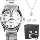 relogio feminino prata aço inox + colar caixa brincos qualidade premium perola moda original presente social
