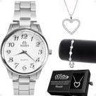 Relogio Feminino Prata + Caixa + Pulseira + Colar Coração strass moda social qualidade premium aço inoxidável presente Relogio Feminino Prata + Caixa + Pulseira + Colar Coração strass moda social qualidade premium aço inoxidável presente