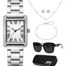 Relogio feminino prata + colar pulseira + brinco quadrado combo prateado resistente inoxidavel protecao uv aço acetato