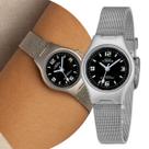Relógio Feminino Prata e Preto Analógico de Pulso com Pulseira e Caixa de Aço Inoxidável Mini Pequeno Delicado Luxo Elegante Fashion Cosmos