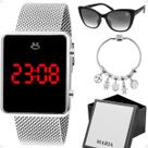 relogio feminino prata led + pulseira + oculos sol + caixa gatinho casual presente qualidade premium proteção uv moda
