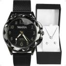 relogio feminino preto aço inox + colar + caixa strass social moda ajustavel silicone resistente black piano casual