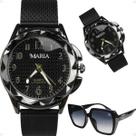 Relogio feminino preto aço inox + oculos sol proteção uv presente casual acetato original social black piano