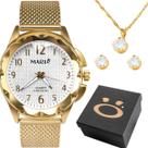 Relogio feminino prova dagua banhado + colar brincos + caixa prova dagua resistente qualidade premium strass social