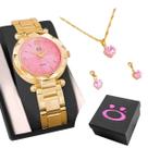 Relogio Feminino Rosa Aço + Colar Strass + Caixa ajustavel inoxidável mostrador rosa delicado ponteiro original garantia