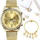 relogio feminino strass aço + brincos + delicada prova dagua social moda banhado delicado redondo presente dourado
