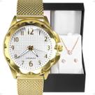 relogio feminino strass dourado + caixa + colar + brincos social moda redondo qualidade premium delicado prova dagua