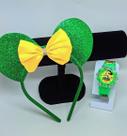 Relógio Infantil Digital Led Pisca Luz Led Colorido Toca Musica Disney Minnie Mouse + Tiara Arquinho com Laço Orelhas