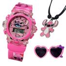 Relogio Infantil Digital Musical Stitch Angel Rosa Luzes + Óculos + Colar Kit