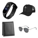 Relógio Led Digital Pulseira Silicone + Boné Trucker Fé + Carteira Slim + Óculos de Sol Hexagonal