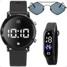 Relogio led feminino preto + bracelete digital + oculos sol qualidade premium black piano losango digital proteção uv