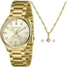Relogio Lince Feminino dourado grande com stras kit colar e brinco semijoia LRGH246L40 K0EGC1KX