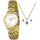 Relogio lince pequeno numeros dourado + kit semi joia lrgh196l30