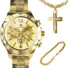 Relogio Masculino Aço Banhado Ouro + Crucifixo católico grande robusto azul pesado resistente religioso qualidade premium religião jesus