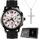 Relogio Masculino Aço Inox + Cordao Crucifixo + Caixa black piano original prateado ponteiro ajustavel vermelho branco