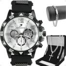 relogio masculino aço inox + cordão crucifixo + pulseira preto spaceman cruz fina presente original
