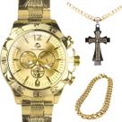 relogio masculino aço inox + cordão cruz + pulseira casual preto presente qualidade premium social