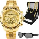 Relogio Masculino Aco Inox Dourado + Corrente protecao uv cordao robusto banhado grumet grande preto resistente original Relogio Masculino Aco Inox Dourado + Corrente protecao uv cordao robusto banhado grumet grande preto resistente original