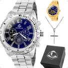 Relogio masculino aco inox prata + cordao grumet + crucifixo prateado religioso banhado dourado social ouro casual