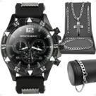 relogio masculino aço inox + pulseira + cordão prata grumet presente black piano crucifixo inoxidável social Ajustavel