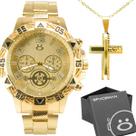 Relogio Masculino Aço Inoxidavel Banhado + Cordão + Caixa casual pulseira ajustavel qualidade premium analogico social