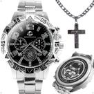 Relogio masculino aço inoxidavel prata + cordao crucifixo robusto religioso pesado mostrador preto grande presente