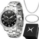 Relogio Masculino Aço Prata + Corrente qualidade premium presente inox prata mostrador preto casual ponteiro original