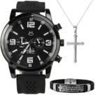 Relogio masculino aço preto + pulseira + colar crucifixo religioso social oração pai nosso presente ajustavel robusto