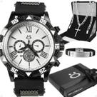 relogio masculino aço + pulseira + caixa + cordao crucifixo black piano prateado preto presente inoxidável robusto prata