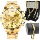 relógio masculino banhado ouro aço + pingente cruz + pulseira presente robusto prova dagua casual original pesado grande
