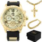 Relogio masculino banhado ouro + cordão + pulseira dourado social ajustavel analogico original Relogio masculino banhado ouro + cordão + pulseira dourado social ajustavel analogico original