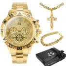 Relógio Masculino Casual Dourado Aço Inox à Prova DÁgua Kit Acessórios Corrente Pulseira Banhados Ouro 18k Caixa Presente