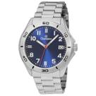 Relógio Masculino Champion Social Prata Todo em Aço Fundo Azul com Calendário Prova Dágua 50m CA31426F