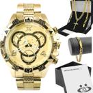 Relogio Masculino Dourado Aço + Cordão + Pulseira + Caixa inoxidável social original cruz pesado analogico crucifixo