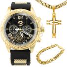 relogio masculino dourado aço inox banhado + pulseira robusto casual preto original ajustavel qualidade premium presente