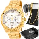 relogio masculino dourado + cordao grumet + caixa pulseira ponteiro original robusto aço inoxidavel