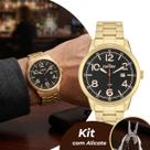 Relógio Masculino Dourado e Preto com Caixa e Pulseira de Aço Inoxidável à Prova D Água Kit com Alicate Casual e Social Luxo Condor