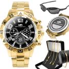 Relogio Masculino Dourado + Oculos Sol + Cordão social ouro casual original religioso aço inoxidável proteção uv