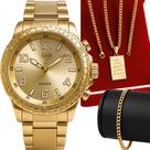 Relogio Masculino Dourado Robusto Casual + Colar E Pulseira