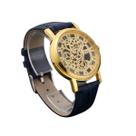 Relógio Masculino Dourado Skeleton Luxo Couro Festa -